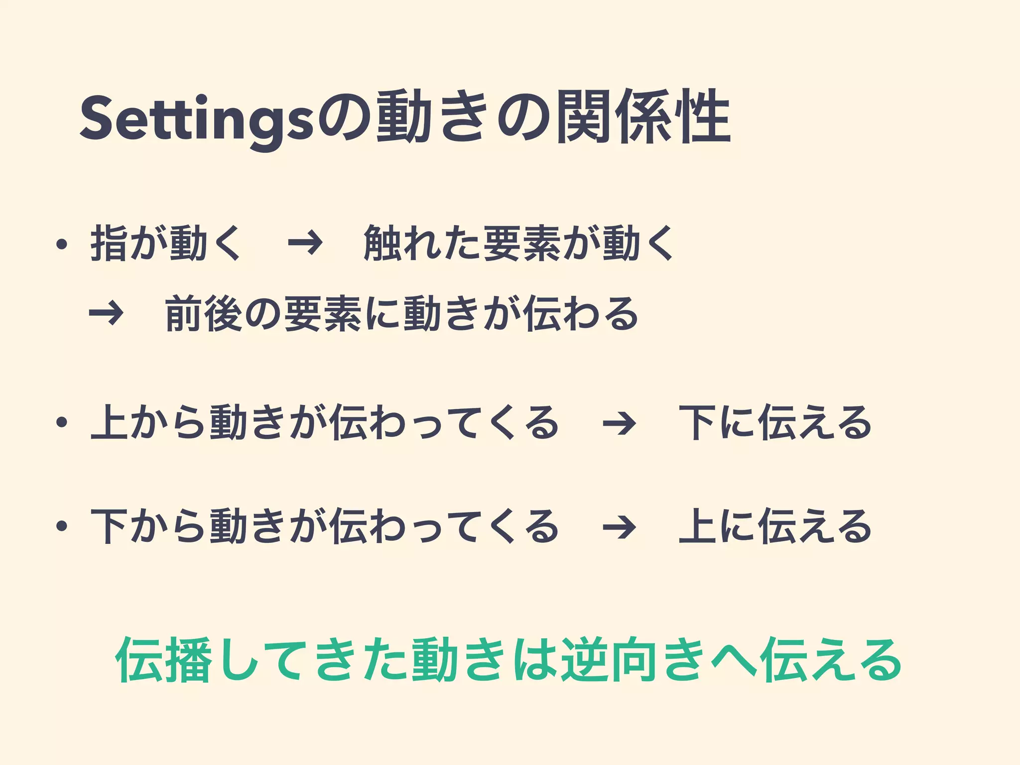 Settingsの動きの関係性
• 指が動く   触れた要素が動く       
 前後の要素に動きが伝わる
• 上から動きが伝わってくる ➔ 下に伝える
• 下から動きが伝わってくる ➔ 上に伝える
伝播してきた動きは逆向きへ伝える
 