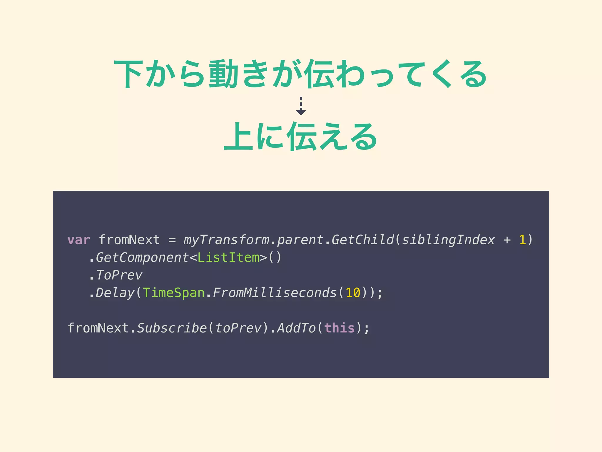 下から動きが伝わってくる
⇣
上に伝える
var fromNext = myTransform.parent.GetChild(siblingIndex + 1)
.GetComponent<ListItem>()
.ToPrev
.Delay(TimeSpan.FromMilliseconds(10));
fromNext.Subscribe(toPrev).AddTo(this);
 