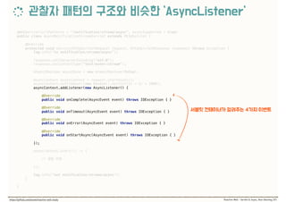 @WebServlet(urlPatterns = "/notification/stream/async", asyncSupported = true) 
public class AsyncNotificationStreamServlet extends HttpServlet { 
@Override 
protected void service(HttpServletRequest request, HttpServletResponse response) throws Exception { 
log.info("in notification/stream/async"); 
 
response.setCharacterEncoding("utf-8"); 
response.setContentType("text/event-stream"); 
 
AtomicBoolean asyncDone = new AtomicBoolean(false); 
 
AsyncContext asyncContext = request.startAsync(); 
asyncContext.setTimeout((new Random().nextInt(5) + 5) * 1000); 
asyncContext.addListener(new AsyncListener() { 
 
@Override 
public void onComplete(AsyncEvent event) throws IOException { } 
 
@Override 
public void onTimeout(AsyncEvent event) throws IOException { } 
 
@Override 
public void onError(AsyncEvent event) throws IOException { } 
 
@Override 
public void onStartAsync(AsyncEvent event) throws IOException { } 
 
});
 
asyncContext.start(() -> { 
//
 
}); 
 
log.info("out notification/stream/async"); 
}
}
 