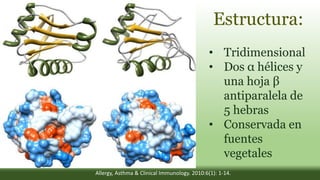 Estructura:
• Tridimensional
• Dos α hélices y
una hoja β
antiparalela de
5 hebras
• Conservada en
fuentes
vegetales
Allergy, Asthma & Clinical Immunology. 2010:6(1): 1-14.
 