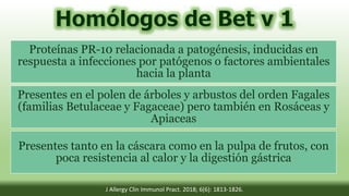 Proteínas PR-10 relacionada a patogénesis, inducidas en
respuesta a infecciones por patógenos o factores ambientales
hacia la planta
Presentes en el polen de árboles y arbustos del orden Fagales
(familias Betulaceae y Fagaceae) pero también en Rosáceas y
Apiaceas
Presentes tanto en la cáscara como en la pulpa de frutos, con
poca resistencia al calor y la digestión gástrica
J Allergy Clin Immunol Pract. 2018; 6(6): 1813-1826.
 