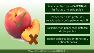 Se encuentran en la CÁSCARA de
las frutas y no en la pulpa
Pertenecen a las proteínas
relacionadas con la patogénesis PR
Desempeñan papel en la defensa
de las plantas
Tienen propiedades antifúngicas y
antibacterianas
✓
Allergy, Asthma & Clinical Immunology. 2010:6(1): 1-14.
 
