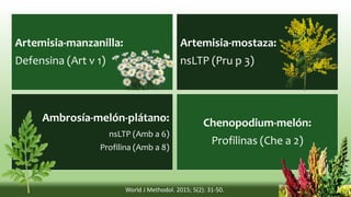 Artemisia-manzanilla:
Defensina (Art v 1)
Artemisia-mostaza:
nsLTP (Pru p 3)
Ambrosía-melón-plátano:
nsLTP (Amb a 6)
Profilina (Amb a 8)
Chenopodium-melón:
Profilinas (Che a 2)
World J Methodol. 2015; 5(2): 31-50.
 