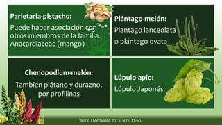 Parietaria-pistacho:
Puede haber asociación con
otros miembros de la familia
Anacardiaceae (mango)
Plántago-melón:
Plantago lanceolata
o plántago ovata
Chenopodium-melón:
También plátano y durazno,
por profilinas
Lúpulo-apio:
Lúpulo Japonés
World J Methodol. 2015; 5(2): 31-50.
 