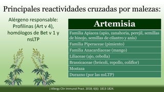 Principales reactividades cruzadas por malezas:
Artemisia
Familia Apiacea (apio, zanahoria, perejil, semillas
de hinojo, semillas de cilantro y anís)
Familia Piperaceae (pimiento)
Familia Anacardiaceae (mango)
Liliaceae (ajo, cebolla)
Brassicaceae (brócoli, repollo, coliflor)
Mostaza
Durazno (por las nsLTP)
Alérgeno responsable:
Profilinas (Art v 4),
homólogos de Bet v 1 y
nsLTP
J Allergy Clin Immunol Pract. 2018; 6(6): 1813-1824.
 