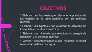 OBJETIVOS 
* Elaborar una hipótesis que relacione la posición de 
los metales en la tabla periódica con su actividad 
química. 
* Elaborar una hipótesis que relacione la actividad de 
los metales con el radio atómico. 
* Elaborar una hipótesis que relacione la energía de 
ionización y la actividad química. 
* Verificar experimentalmente sus hipótesis al hacer 
reaccionar metales con agua. 
 