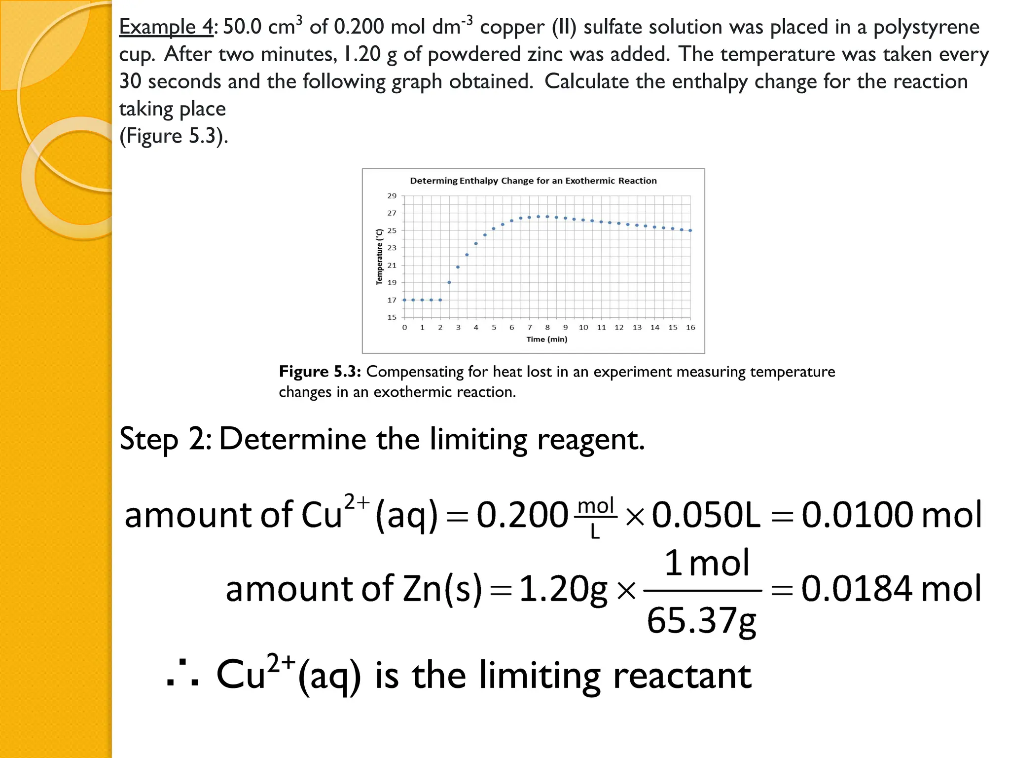 Example 4: 50.0 cm3
of 0.200 mol dm-3
copper (II) sulfate solution was placed in a polystyrene
cup. After two minutes, 1.20 g of powdered zinc was added. The temperature was taken every
30 seconds and the following graph obtained. Calculate the enthalpy change for the reaction
taking place
(Figure 5.3).
Step 2: Determine the limiting reagent.
∴ Cu2+
(aq) is the limiting reactant
Figure 5.3: Compensating for heat lost in an experiment measuring temperature
changes in an exothermic reaction.
 