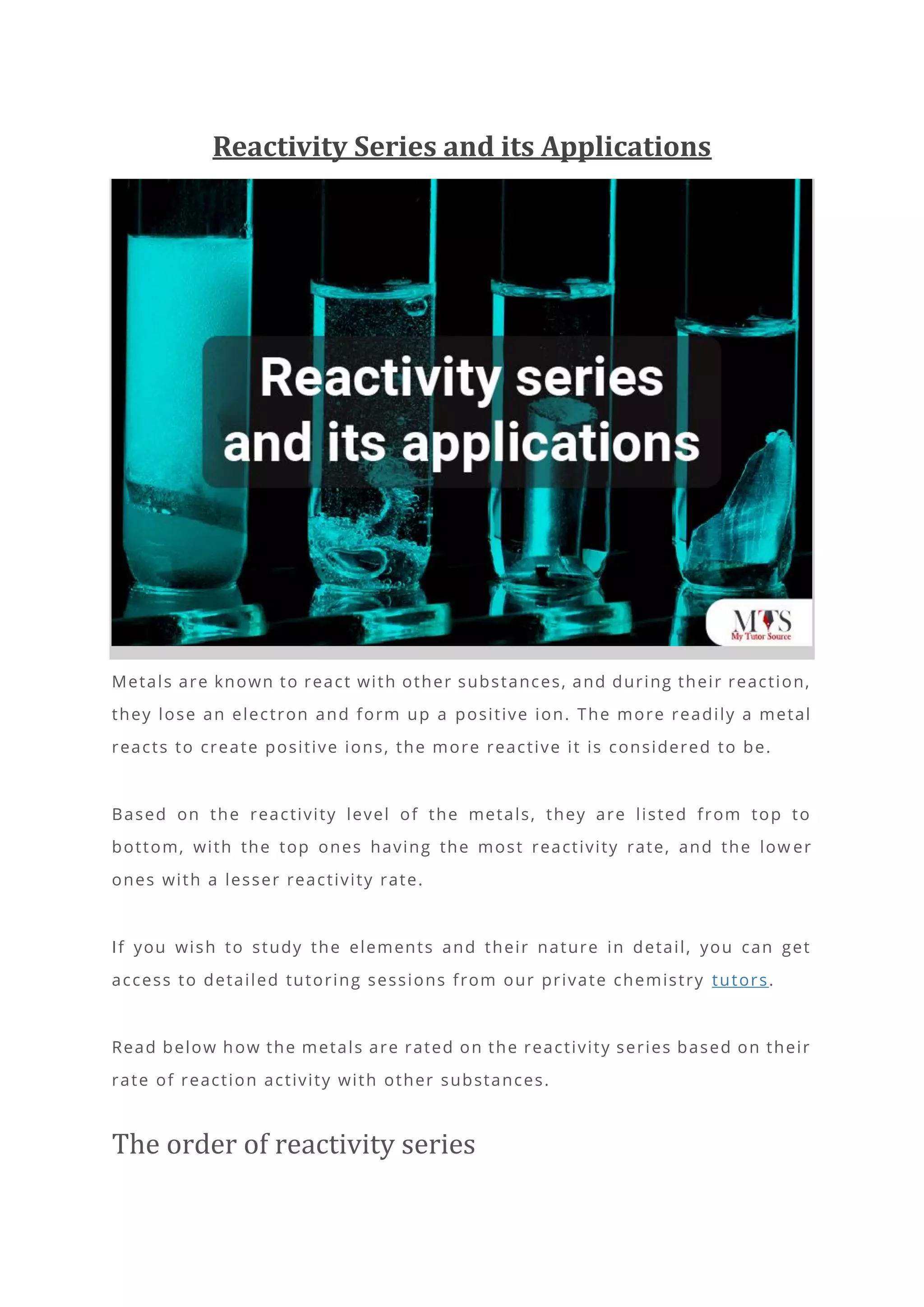Reactivity Series and its Applications | PDF