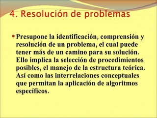 Presupone la identificación, comprensión y resolución de un problema, el cual puede tener más de un camino para su solución. Ello implica la selección de procedimientos posibles, el manejo de la estructura teórica. Así como las interrelaciones conceptuales que permitan la aplicación de algoritmos específicos. 