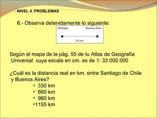 Santiago  Buenos Aires 3.5 cm.  NIVEL 4. PROBLEMAS 8.- Observa detenidamente lo siguiente: Según el mapa de la pág. 55 de tu Atlas de Geografía Universal  cuya escala en cm. es de 1: 33 000 000 ¿Cuál es la distancia real en km. entre Santiago de Chile y Buenos Aires? 330 km 660 km 960 km 1155 km 