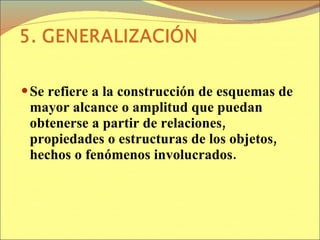 Se refiere a la construcción de esquemas de mayor alcance o amplitud que puedan obtenerse a partir de relaciones, propiedades o estructuras de los objetos, hechos o fenómenos involucrados. 
