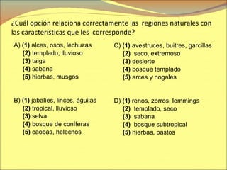 ¿Cuál opción relaciona correctamente las  regiones naturales con las características que les  corresponde? A)  (1)  alces, osos, lechuzas (2)  templado, lluvioso (3)  taiga (4)  sabana   (5)  hierbas, musgos B)  (1)  jabalíes, linces, águilas (2)  tropical, lluvioso (3)  selva (4)  bosque de coníferas (5)  caobas, helechos C)  (1)  avestruces, buitres, garcillas (2)  seco, extremoso (3)  desierto (4)  bosque templado   (5)  arces y nogales D)  (1)  renos, zorros, lemmings (2)  templado, seco (3)  sabana (4)  bosque subtropical (5)  hierbas, pastos 