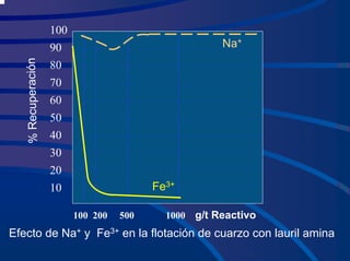 100
90
80
70
60
50
40
30
20
10
Na+
Fe3+
%
Re
cu
pe
rac
ión
100 200 500 1000 g/t Reactivo
Efecto de Na+ y Fe3+ en la flotación de cuarzo con lauril amina
 