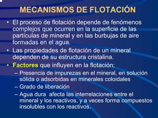 MECANISMOS DE FLOTACIÓN
• El proceso de flotación depende de fenómenos
complejos que ocurren en la superficie de las
partículas de mineral y en las burbujas de aire
formadas en el agua.
• Las propiedades de flotación de un mineral
dependen de su estructura cristalina.
• Factores que influyen en la flotación:
– Presencia de impurezas en el mineral, en solución
sólida o adsorbidas en minerales coloidales
– Grado de liberación
– Agua dura afecta las interrelaciones entre el
mineral y los reactivos, y a veces forma compuestos
insolubles con los reactivos.
 