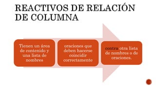 Tienen un área
de contenido y
una lista de
nombres
oraciones que
deben hacerse
coincidir
correctamente
contra otra lista
de nombres o de
oraciones.
 