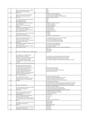 19
Indica cuál de los siguientes haluros, en estado
gaseoso, no posee momento dipolar
permanente: a)
a)HI
b) BCl3
c) HCl
d) SCl2
20
Atendiendo a la estructura de las moléculas
BeCl2 y H2S en fase gaseosa, podemos
afirmar que:
a) las dos tienen la misma geometría
b) la primera es lineal y la segunda angular
c) tanto el Be como el S presentan la misma hibridación
d) las dos moléculas son apolares
21
Si una molécula AX3 tiene un momento dipolar
nulo, podemos decir que la
hibridación del átomo A es:
a) sp3
b) sp2
c) sp
d) spd
22
En un recipiente cerrado tenemos el equilibrio
A(g) ↔ 2B (g) ΔH < 0;
para incrementar la concentración de B,
debemos:
a) aumentar la presión del recipiente
b) añadir un catalizador
c) aumentar la temperatura
d) enfriar el recipiente
23
Se dispone de una mezcla de 210 g de N2 y 5 g
de H2 y la presión en el recipiente
es de 2 atm. La presión parcial de cada uno de
ellos, respectivamente, será:
a) 1,5 atm y 0,5 atm
b) 0,85 atm y 0,65 atm
c) la misma, 0,75 atm
d) ninguna de las anteriores
24
La densidad del etano a 25º C y 750 mm de Hg es
1,21 g/L. ¿Cuál es la densidad
del butano en las mismas condiciones?
a) 2,42 g/L
b) 0,625 g/L
c) 2,34 g/L
d) necesito el volumen del recipiente
25
Si se tienen dos recipientes idénticos, uno de
ellos lleno con CH4 y el otro con N2,
en las mismas condiciones de P y T y supuesto un
comportamiento ideal, podemos
afirmar que:
a) la densidad del metano es mayor que la del nitrógeno
b) la densidad de ambos gases es la misma
c) hay mas moles de metano que de nitrógeno
d) hay las mismas moléculas de CH4 que de N2
26
Para la reacción CH3-CH2Br ↔ CH2=CH2 + HBr
ΔH es 75,24 kJ/mol y la
energía de activación 234,08 kJ/mol. Con estos
datos, podemos decir que:
a) se trata de una reacción exotérmica
b) se trata de una reacción endogámica
c) es una reacción de orden 1
d) la energía de activación de la reacción inversa es 158,84 kJ/mol
27 Para la reacción: 2 SO2(g) + O2(g) ↔ 2 SO3(g) se cumplirá
a) Kp = Kc
b) Kp = Kc(RT)−1
c) Kc= Kp(RT)2
d) Kp= KcRT
28
La nitroglicerina es un compuesto líquido
altamente explosivo a temperatura
ambiente, por lo que es muy sensible a cualquier
movimiento. Por lo general se transporta
en cajas acolchadas a baja temperatura.
+ 6 N2(g)
de acuerdo con lo anterior podemos afirmar que:
a) el transporte se hace a baja temperatura para ahorrar energía
b) la entropía de los productos es mayor que la de los reactivos
c) la entalpía de los productos es mayor que la de los reactivos
d) una atmósfera de oxígeno es fundamental para que se produzca la reacción
29
Un experimento espectacular para niños (y
también mayores) es la construcción de
un "volcán" casero. La "lava" de este volcán se
consigue con el gas desprendido de la
reacción de bicarbonato sódico y vinagre en
presencia de algunos aditivos (pintura,
detergente lavavajillas, etc.) para dar el aspecto
que más nos guste. Podemos afirmar sin
tener más información que: b)
a) éste es un proceso exotérmico
b) en este proceso ΔG es negativo
c) no tenemos datos para conocer el signo de ΔG
d) este volcán es muy aburrido
30
En el caso del "volcán" anterior, la
espectacularidad es mayor cuando aumenta la
velocidad de reacción. Para conseguir mayor
velocidad:
a) añadiré todo el vinagre que pueda
b) necesitaré conocer la estequiometría de la reacción
c) utilizaré el bicarbonato en bloques compactos
d) mejor hacer el experimento en verano que en invierno
31 Las fuerzas de Van der Waals:
a) se pueden dar entre moléculas
b) se pueden dar entre las moléculas de los gases que se comportan como ideales
c) no son tan fuertes como para conseguir el estado sólido de ciertas sustancias
d) aparecen en las interacciones entre los electrones y el núcleo de los átomos
32
El número 96500 debe ser familiar para cualquier
químico porque corresponde al
redondeo de:
a) el famoso número de Avogadro
b) la llamada por algunos “constante de Faraday”
c) el primer valor calculado de la constante de Planck
d) el diámetro del átomo de hidrógeno expresado en nanómetros
33
Cuando se hace pasar dióxido de carbono a
través de una disolución que contiene
hidróxido de bario
a) el gas que sale huele a hierba mojada
b) la disolución cambia del rosa al amarillo
c) precipita un sólido blanco
d) no pasa nada
34
La concentración de bromuro presente en la
disolución resultante de mezclar un
litro de disolución 1 molar de bromuro potásico
con dos litros de disolución 1 molar de nitrato de
plata es:
a) 0,3333 molar
b) 1 molar
c) 2 molar
d) bastante menor que 0,0001 molar
35
Para preparar un litro de una disolución 1 molar
de carbonato cálcico en agua se
disuelven:
a) 100 g de sólido
b) 50 g de sólido
c) 84 g de sólido
d) No la podré preparar
36
¿Cuál es la molaridad de la disolución preparada
mezclando 60 mL de disolución
0,4 M de HCl con 40 mL del mismo ácido 0,1 M?:
a) 0,35 mol/L
b) 0,28 mol/L
c) 0,17 mol/L
d) faltan datos
 