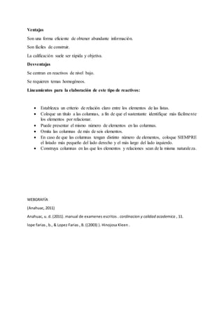 Ventajas
Son una forma eficiente de obtener abundante información.
Son fáciles de construir.
La calificación suele ser rápida y objetiva.
Desventajas
Se centran en reactivos de nivel bajo.
Se requieren temas homogéneos.
Lineamientos para la elaboración de este tipo de reactivos:
 Establezca un criterio de relación claro entre los elementos de las listas.
 Coloque un título a las columnas, a fin de que el sustentante identifique más fácilmente
los elementos por relacionar.
 Puede presentar el mismo número de elementos en las columnas.
 Omita las columnas de más de seis elementos.
 En caso de que las columnas tengan distinto número de elementos, coloque SIEMPRE
el listado más pequeño del lado derecho y el más largo del lado izquierdo.
 Construya columnas en las que los elementos y relaciones sean de la misma naturaleza.
WEBGRAFÍA
(Anahuac, 2011)
Anahuac, u. d. (2011). manual de examenes escritos . cordinacion y calidad academica , 11.
lope farias , b., & Lopez Farias , B. ((2003) ). Hinojosa Kleen .
 