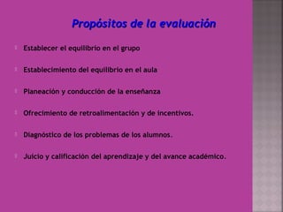 Propósitos de la evaluaciónPropósitos de la evaluación
 Establecer el equilibrio en el grupo
 Establecimiento del equilibrio en el aula
 Planeación y conducción de la enseñanza
 Ofrecimiento de retroalimentación y de incentivos.
 Diagnóstico de los problemas de los alumnos.
 Juicio y calificación del aprendizaje y del avance académico.
 