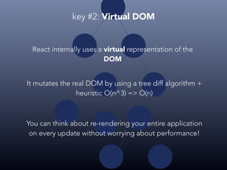 React internally uses a virtual representation of the
DOM
It mutates the real DOM by using a tree diff algorithm +
heuristic O(n^3) => O(n)
You can think about re-rendering your entire application
on every update without worrying about performance!
key #2: Virtual DOM
 
