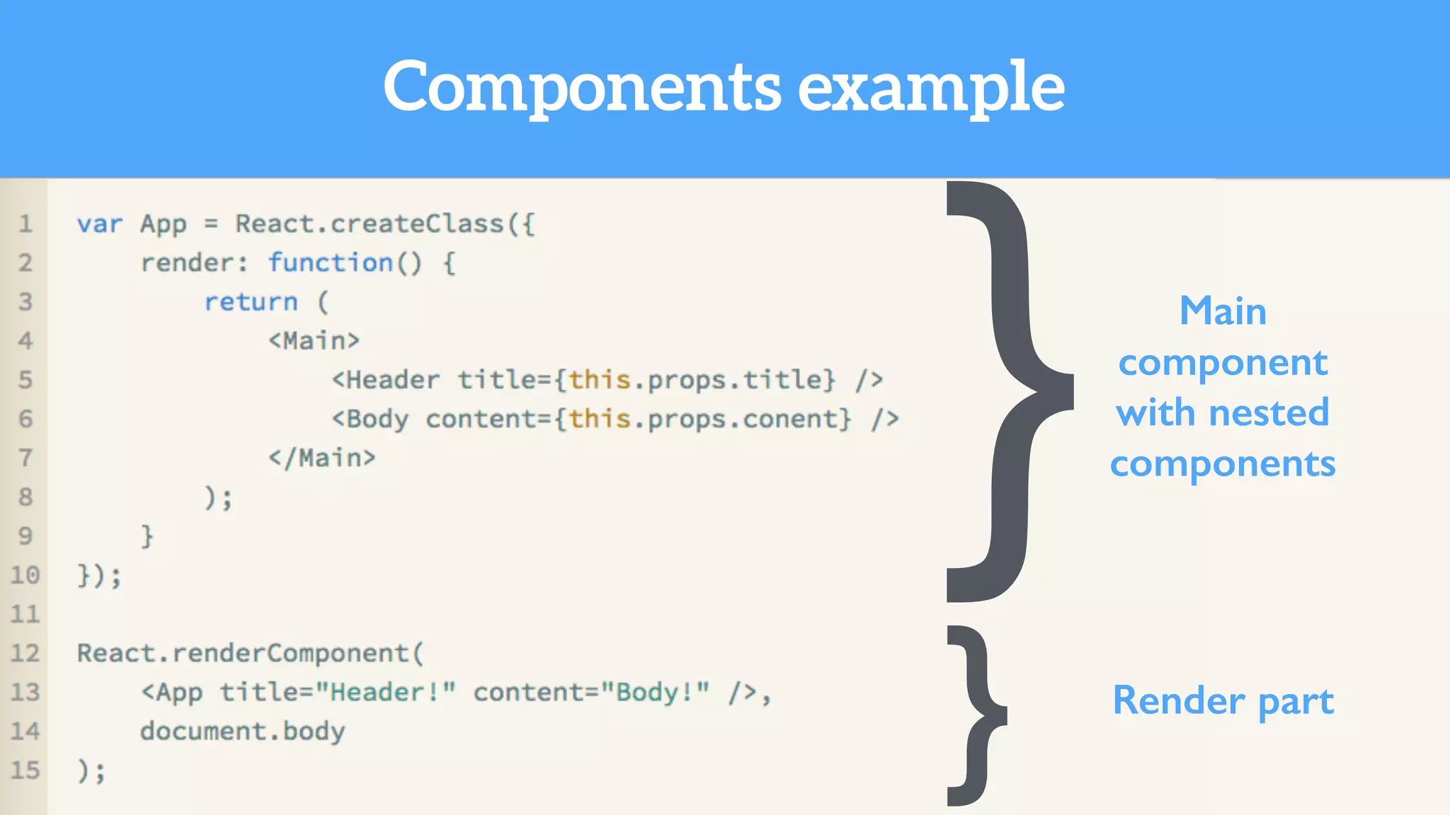 Components example
} Main
component
with nested
components
Render part
}
 