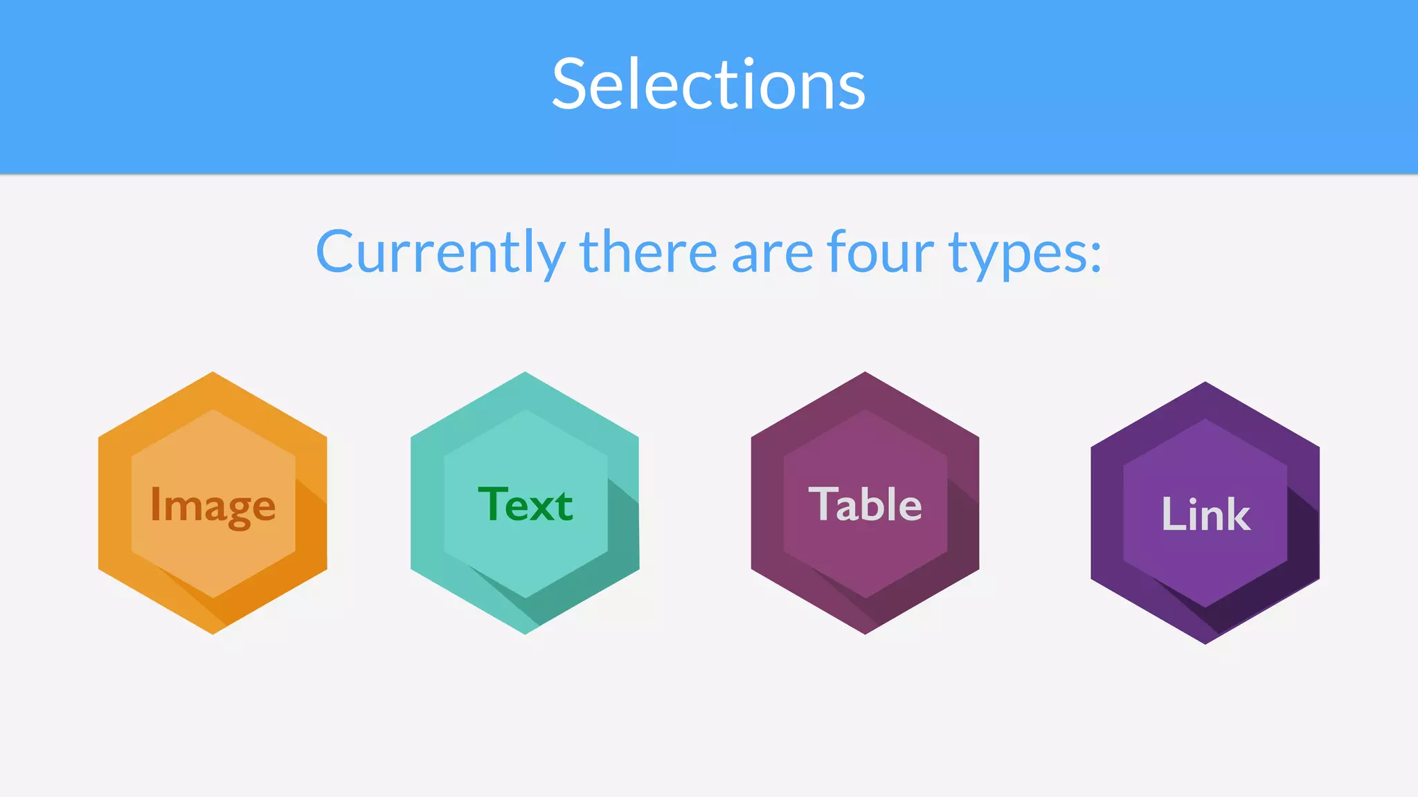 Selections
Currently there are four types:
Image Text Table Link
 