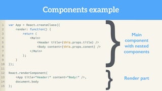 Components example
} Main
component
with nested
components
Render part
}
 