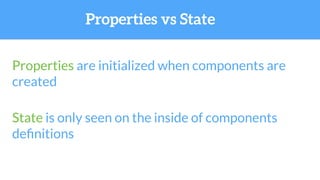 Properties are initialized when components are
created
State is only seen on the inside of components
deﬁnitions
Properties vs State
 