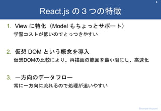 1. View に特化（Model もちょっとサポート）
学習コストが低いのでとっつきやすい
2. 仮想 DOM という概念を導入
仮想DOMの比較により、再描画の範囲を最小限にし、高速化
3. 一方向のデータフロー
常に一方向に流れるので処理が追いやすい
6
React.js の３つの特徴
Shumpei Hozumi
 