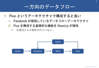 1. Flux というアーキテクチャで構成すると良い
1. Facebook が提唱しているデータフローアーキテクチャ
2. Flux を構成する基礎的な機能を React.js が提供
1. 正直ほとんど提供されていない…
9
一方向のデータフロー
Shumpei Hozumi
Action Dispatcher Store View
Action
 