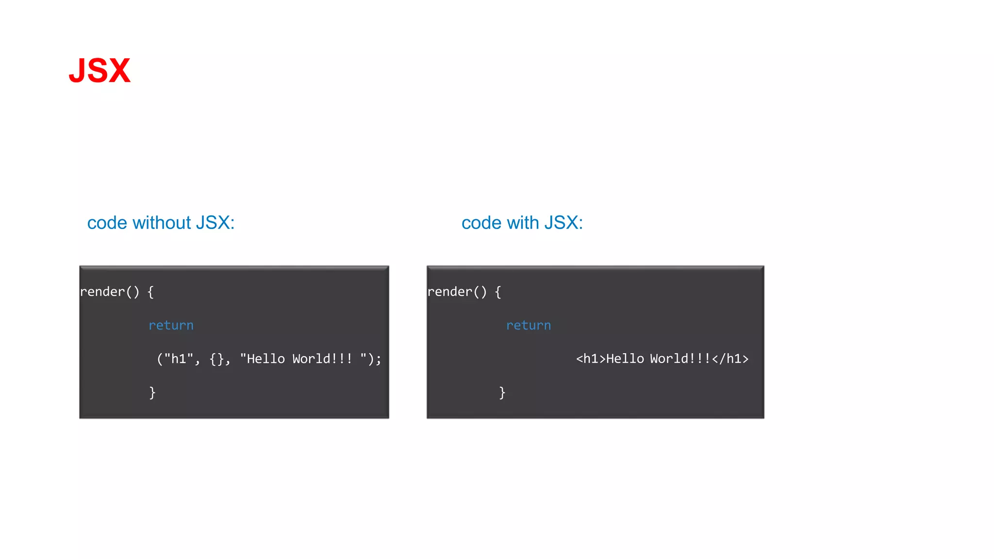 JSX
code without JSX: code with JSX:
render() {
return
("h1", {}, "Hello World!!! ");
}
render() {
return
<h1>Hello World!!!</h1>
}
 