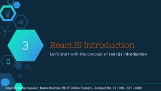 ReactJS Introduction
Let’s start with the concept of reactjs introduction
3
ReactJS Demo Session: Rama Krishna (RK IT Online Trainer) – Contact Me: +91 986 - 631 - 4608
 