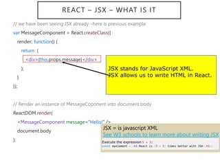 REACT – JSX – WHAT IS IT
// we have been seeing JSX already –here is previous example
var MessageComponent = React.createClass({
render: function() {
return (
<div>{this.props.message}</div>
);
}
});
// Render an instance of MessageCoponent into document body
ReactDOM.render(
<MessageComponent message=“Hello!” />
document.body
);
JSX stands for JavaScript XML.
JSX allows us to write HTML in React.
JSX = is javascript XML
See W3 schools to learn more about writing JSX
Execute the expression 5 + 5:
const myelement = <h1>React is {5 + 5} times better with JSX</h1>;
 