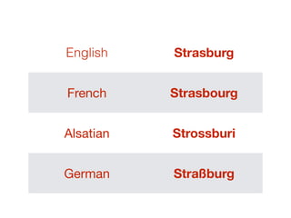 English Strasburg
French Strasbourg
Alsatian Strossburi
German Straßburg
 