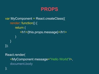 PROPS
var MyComponent = React.createClass({
render: function() {
return (
<h1>{this.props.message}</h1>
)
}
});
React.render(
<MyComponent message="Hello World"/>,
document.body
);
 