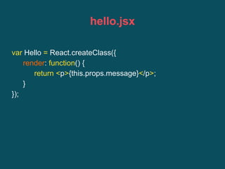 hello.jsx
var Hello = React.createClass({
render: function() {
return <p>{this.props.message}</p>;
}
});
 
