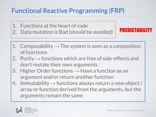 Functional Reactive Programming (FRP)
1. Functions at the heart of code
2. Data mutation is Bad (should be avoided)
1. Composability → The system is seen as a composition
of functions
2. Purity → functions which are free of side-effects and
don't mutate their own arguments
3. Higher Order functions → Have a function as an
argument and/or return another function
4. Immutability → functions always return a new object /
array or function derived from the arguments, but the
arguments remain the same
PREDICTABILITY
 