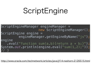 ScriptEngine
ScriptEngineManager engineManager =  
new ScriptEngineManager(); 
ScriptEngine engine =  
engineManager.getEngineByName("js"); 
engine  
.eval("function sum(a,b){return a + b;}"); 
System.out.println(engine.eval("sum(1,2);")); 
// 3
http://www.oracle.com/technetwork/articles/java/jf14-nashorn-2126515.html
 