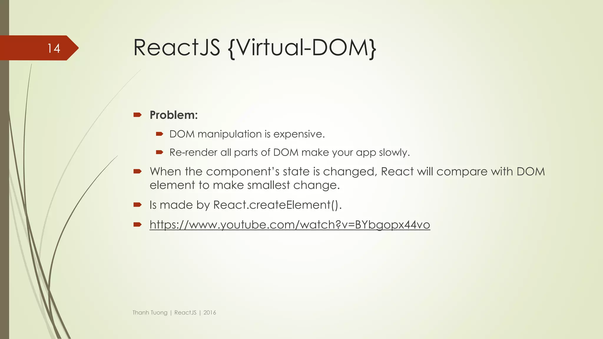 ReactJS {contents}
 JSX
 Virtual-DOM
 Props
 PropTypes
 State
 Refs
 LifeCycle
 Flux Architech
 Thinking in React
 Routing
Thanh Tuong | ReactJS | 2016
14
 
