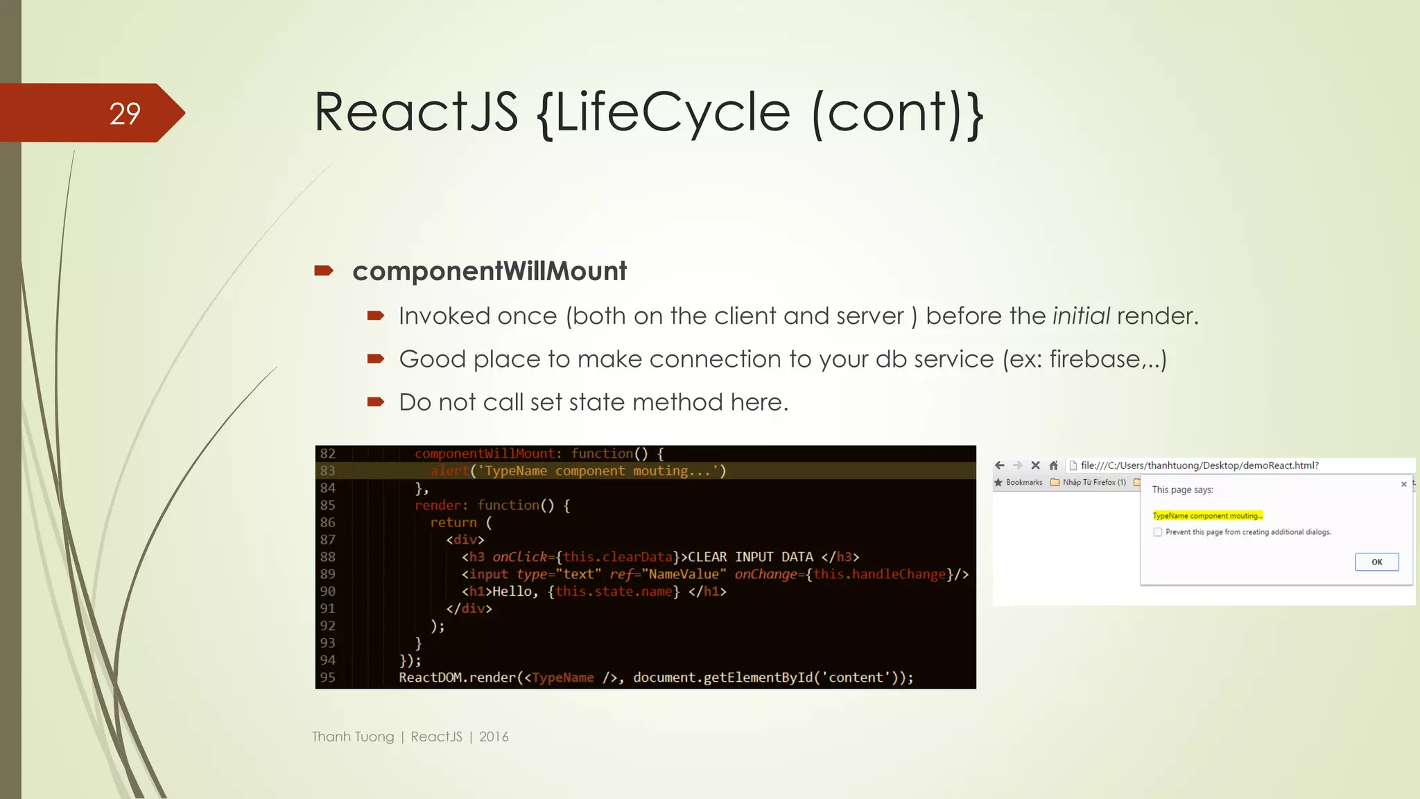 ReactJS {contents}
 JSX
 Virtual-DOM
 Props
 PropTypes
 State
 Refs
 LifeCycle
 Flux Architech
 Thinking in React
 Routing
Thanh Tuong | ReactJS | 2016
29
 