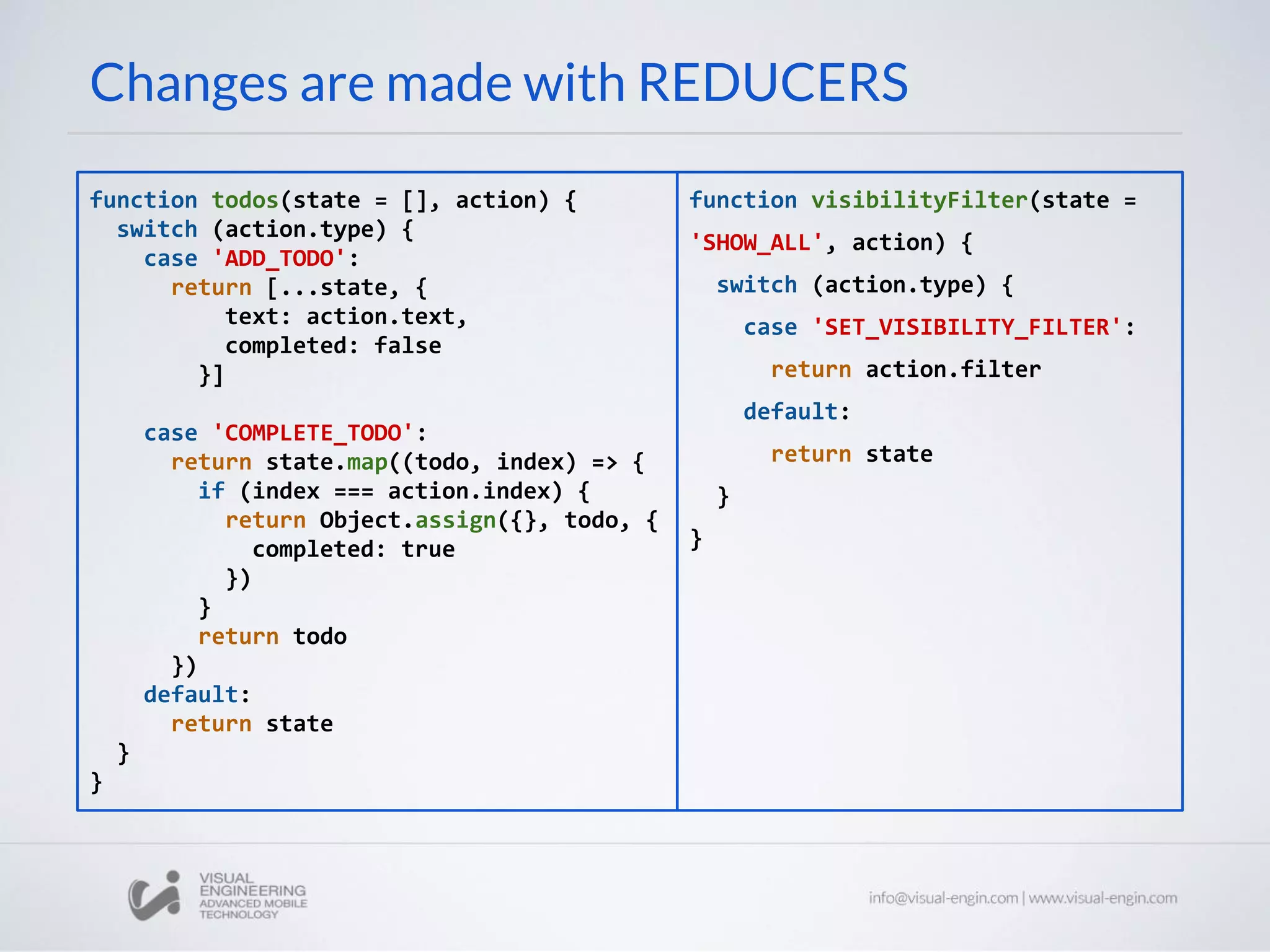 Changes are made with REDUCERS
function todos(state = [], action) {
switch (action.type) {
case 'ADD_TODO':
return [...state, {
text: action.text,
completed: false
}]
case 'COMPLETE_TODO':
return state.map((todo, index) => {
if (index === action.index) {
return Object.assign({}, todo, {
completed: true
})
}
return todo
})
default:
return state
}
}
function visibilityFilter(state =
'SHOW_ALL', action) {
switch (action.type) {
case 'SET_VISIBILITY_FILTER':
return action.filter
default:
return state
}
}
 