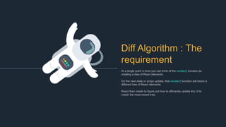 Diff Algorithm : The
requirement
At a single point in time you can think of the render() function as
creating a tree of React elements.
On the next state or props update, that render() function will return a
different tree of React elements.
React then needs to figure out how to efficiently update the UI to
match the most recent tree.
 
