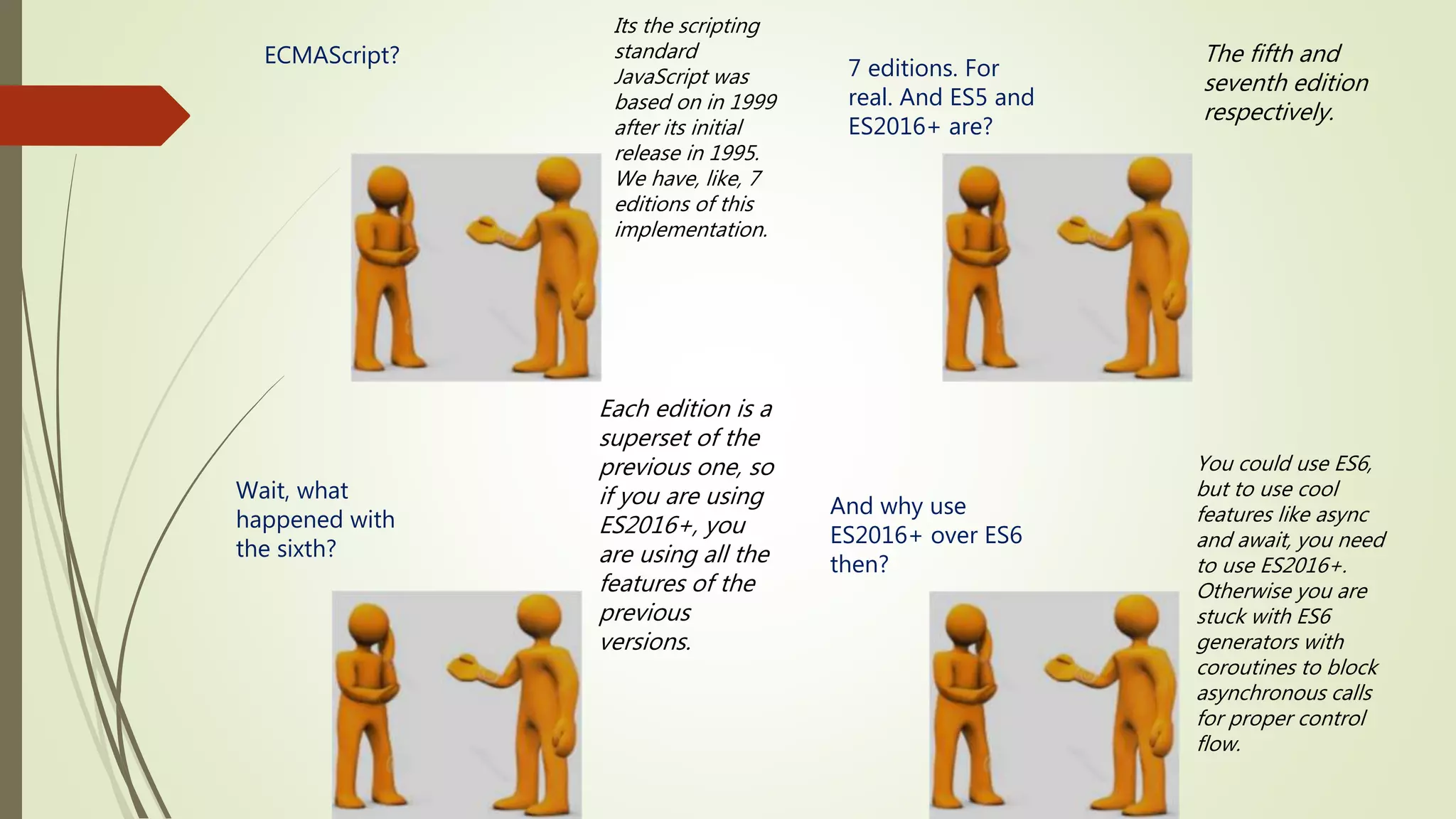 ECMAScript? Its the scripting standard JavaScript was based on in 1999 after its initial release in 1995. We have, like, 7 editions of this implementation. 7 editions. For real. And ES5 and ES2016+ are? The fifth and seventh edition respectively. Wait, what happened with the sixth? Each edition is a superset of the previous one, so if you are using ES2016+, you are using all the features of the previous versions. And why use ES2016+ over ES6 then? You could use ES6, but to use cool features like async and await, you need to use ES2016+. Otherwise you are stuck with ES6 generators with coroutines to block asynchronous calls for proper control flow. 