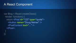 A React Component
<Post id="123" type="quote">
<Author name="Doug Neiner" />
<PostContent text="..." />
</Post>
 