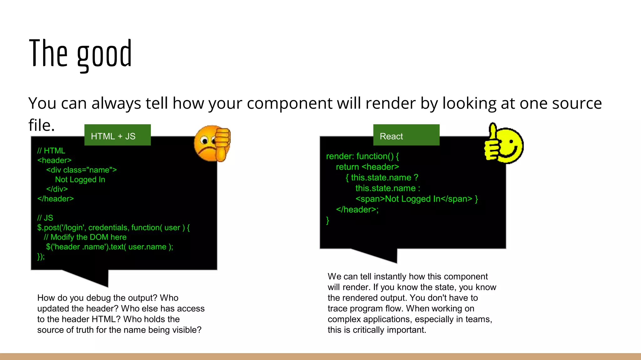 The good
You can always tell how your component will render by looking at one source
file.
// HTML
<header>
<div class="name">
Not Logged In
</div>
</header>
// JS
$.post('/login', credentials, function( user ) {
// Modify the DOM here
$('header .name').text( user.name );
});
How do you debug the output? Who
updated the header? Who else has access
to the header HTML? Who holds the
source of truth for the name being visible?
HTML + JS
render: function() {
return <header>
{ this.state.name ?
this.state.name :
<span>Not Logged In</span> }
</header>;
}
We can tell instantly how this component
will render. If you know the state, you know
the rendered output. You don't have to
trace program flow. When working on
complex applications, especially in teams,
this is critically important.
React
 