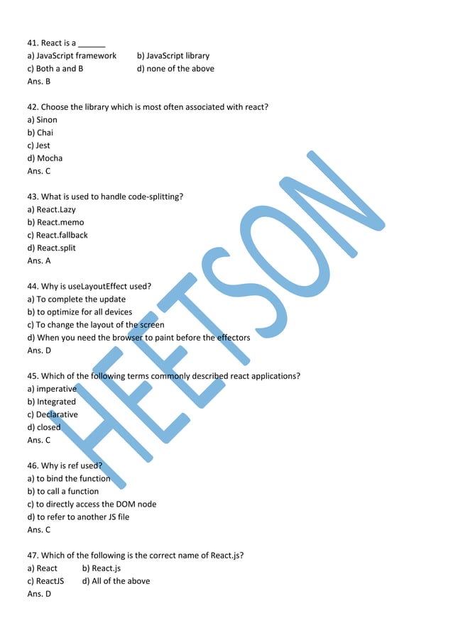 React JS MCQ Important Questions and Answers | PDF