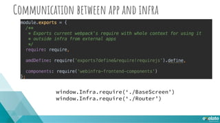 Communication between app and infra
window.Infra.require(‘./BaseScreen’)
window.Infra.require(‘./Router’)
 