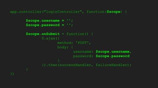 app.controller("loginController", function($scope) {
$scope.username = '';
$scope.password = '';
$scope.onSubmit = function() {
$.ajax({
method: 'POST',
body: {
username: $scope.username,
password: $scope.password
}
}).then(successHandler, failureHandler);
}
})
 