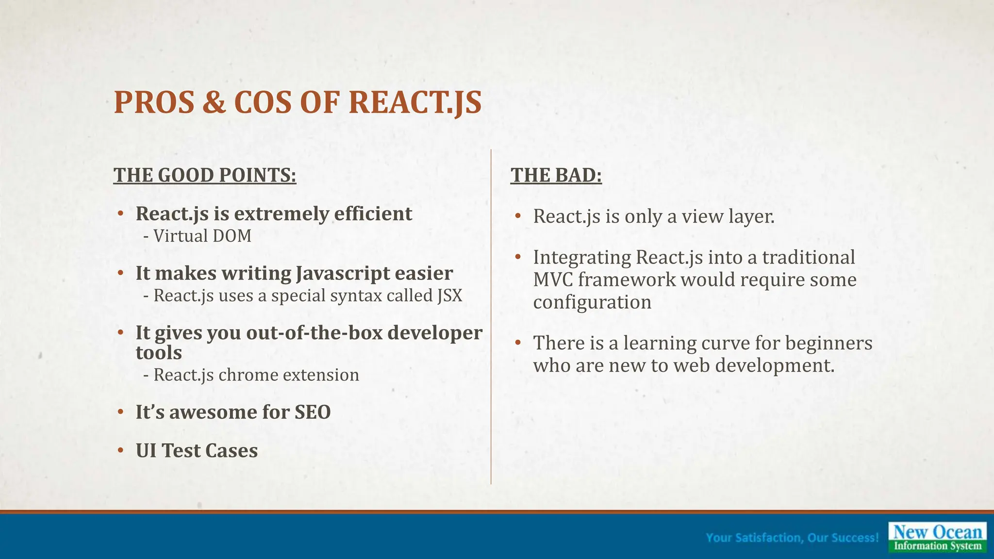 PROS & COS OF REACT.JS THE GOOD POINTS: • React.js is extremely efficient - Virtual DOM • It makes writing Javascript easier - React.js uses a special syntax called JSX • It gives you out-of-the-box developer tools - React.js chrome extension • It’s awesome for SEO • UI Test Cases THE BAD: • React.js is only a view layer. • Integrating React.js into a traditional MVC framework would require some configuration • There is a learning curve for beginners who are new to web development. 