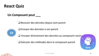Mr. JADLI AISSAM 31
React Quiz
Un Composant peut ___
❑ Recevoir des données depuis sont parent
❑ Envoyer des données à son parent
❑ Envoyer directement des données au composant voisin
❑ Exécuter des méthodes dans le composant parent
10
 