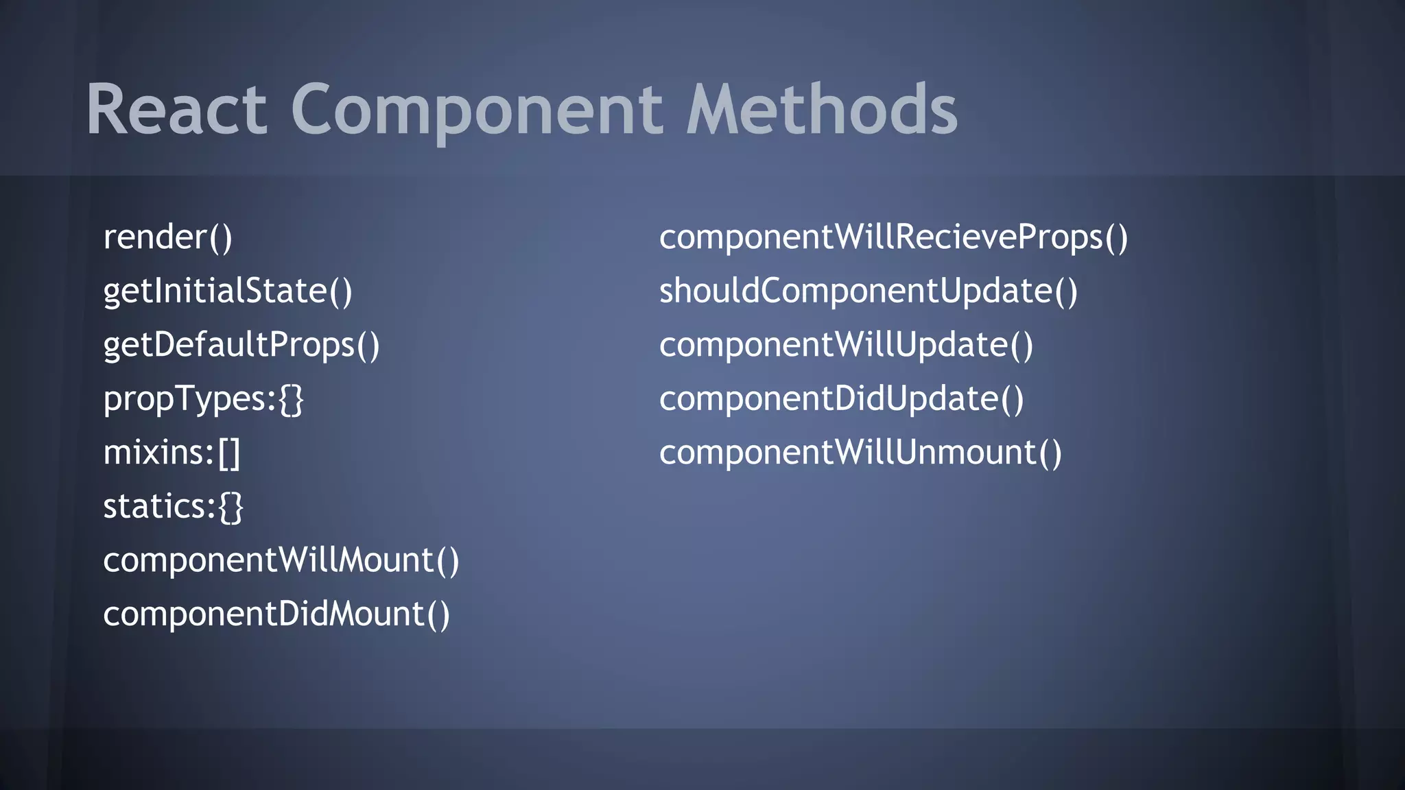 React Component Methods
render()
getInitialState()
getDefaultProps()
propTypes:{}
mixins:[]
statics:{}
componentWillMount()
componentDidMount()
componentWillRecieveProps()
shouldComponentUpdate()
componentWillUpdate()
componentDidUpdate()
componentWillUnmount()
 